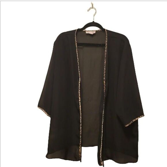 Natori Private Luxuries Womens Top Black 2XL Leopard Trim Sheer Plus Size Robe - Picture 6 of 7